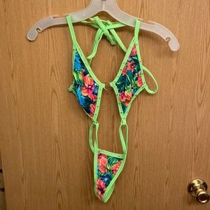 Neon Tropical Rhinestone Thong Monokini